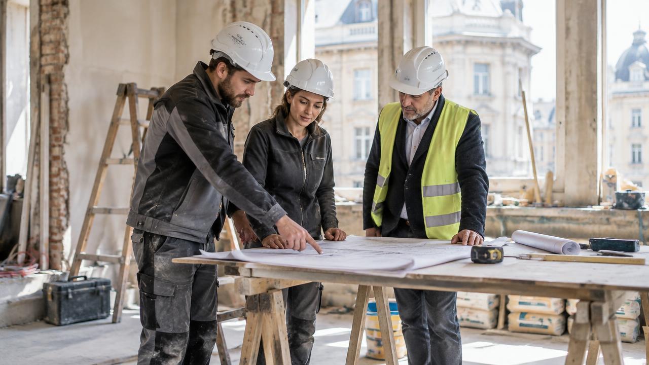 Fachkräfte besprechen Baupläne auf einer Baustelle