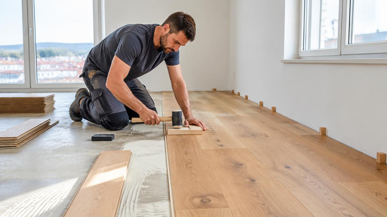 Bodenleger verlegt Eichenparkett in einer hellen Wohnung