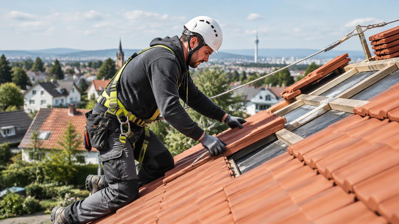 Dachdecker verlegt mit Absturzsicherung rote Dachziegel