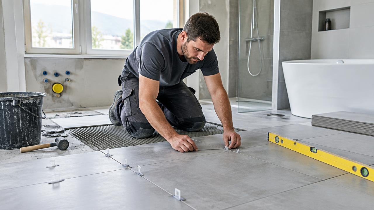 Fliesenleger verlegt großformatige Bodenfliesen in einem Badezimmer
