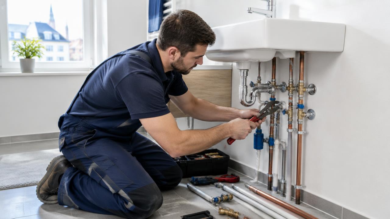 Installateur montiert Wasserleitungen unter einem Waschbecken