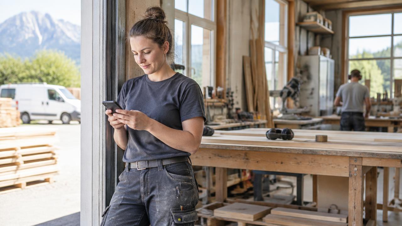 Handwerkerin informiert sich in einer Werkstatt über Stellenangebote