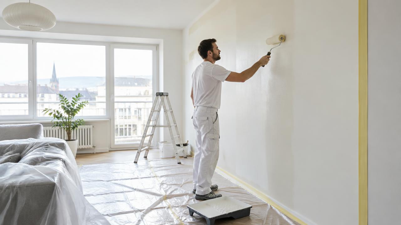Maler streicht fachgerecht eine helle Wohnzimmerwand