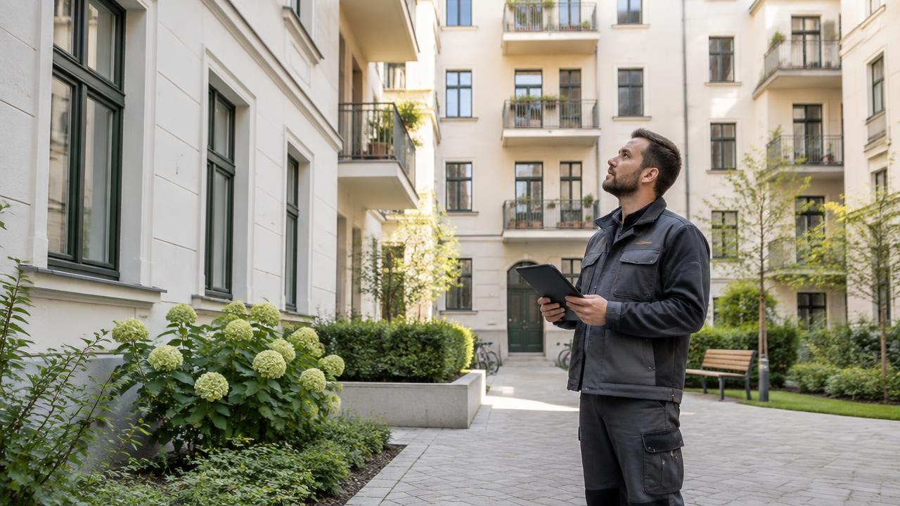 Fachkraft kontrolliert eine gepflegte Wohnanlage